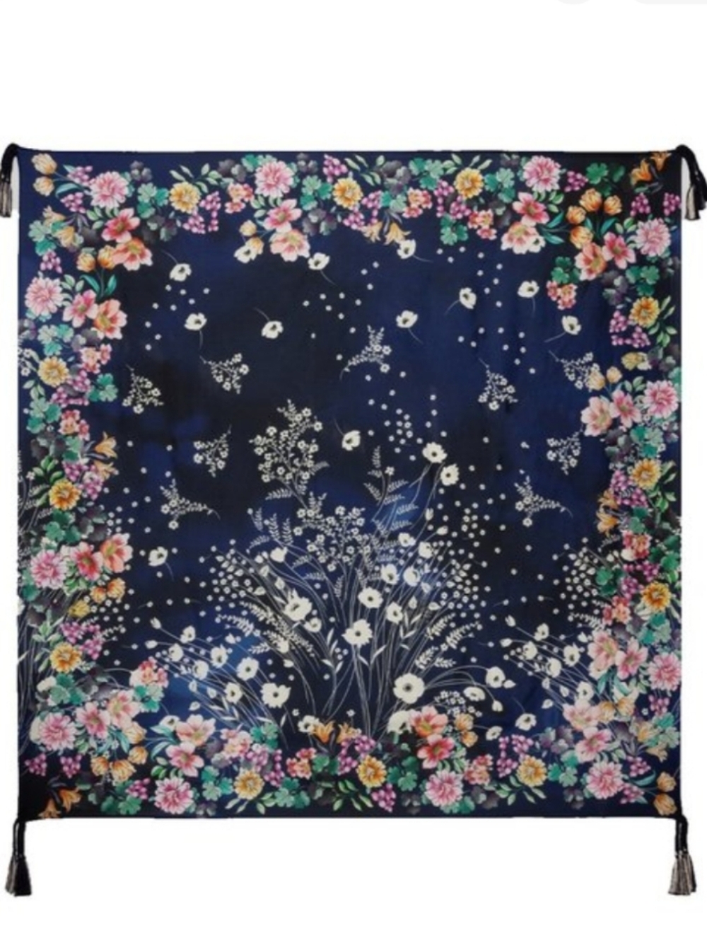 Johnny Was 100% Silk Scarf Blue With Flowers With Tassels